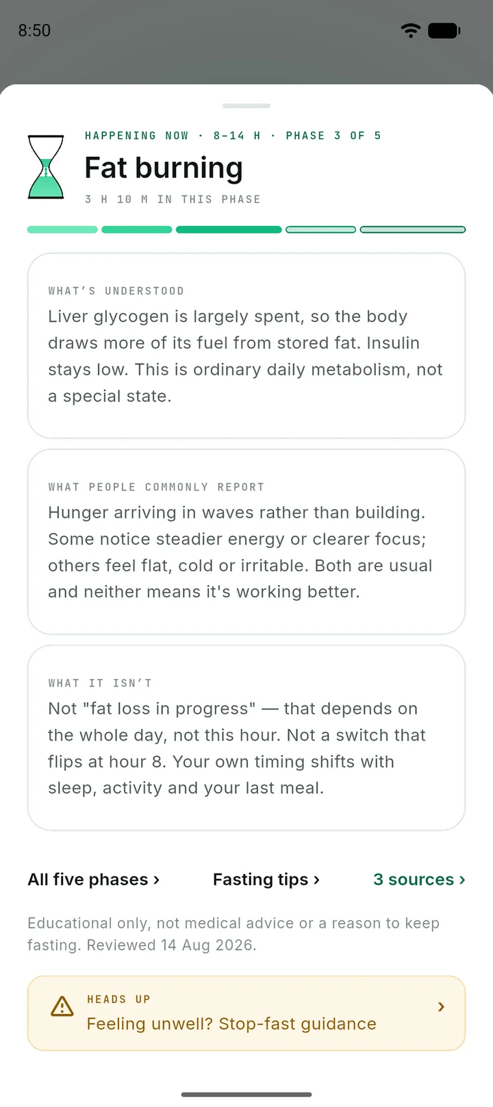 The phase sheet for fat burning, phase 3 of 5, from 8 to 14 hours: what is understood, what people commonly report, and what it is not.