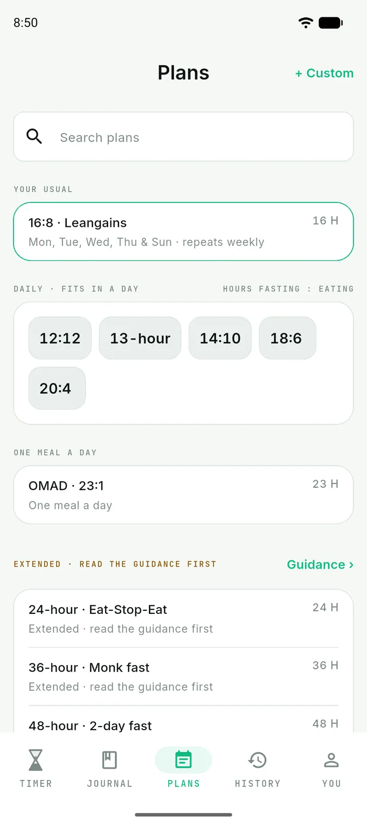 The plans screen: a 16:8 routine on five days a week, the daily plans from 12:12 to 20:4, OMAD, and the extended plans from 24 hours.