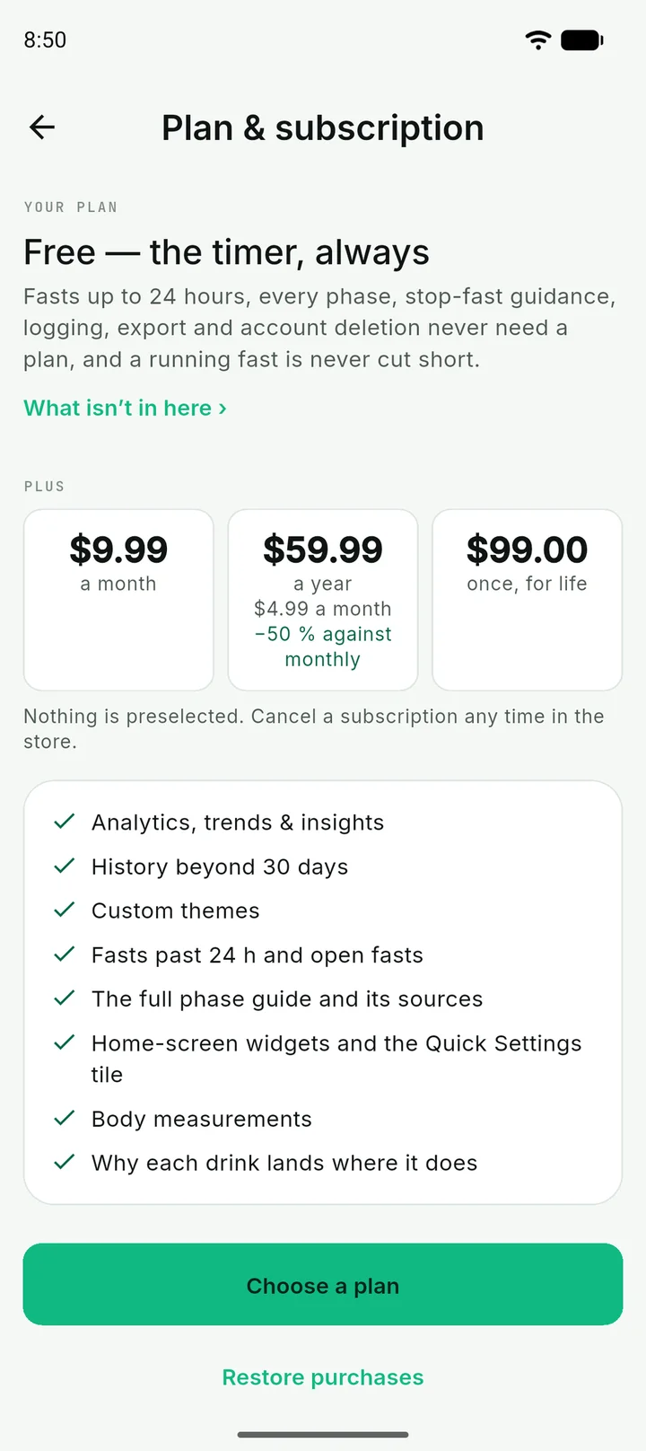 The plan page: the free plan described, and Plus at $9.99 a month, $59.99 a year or $99 once.